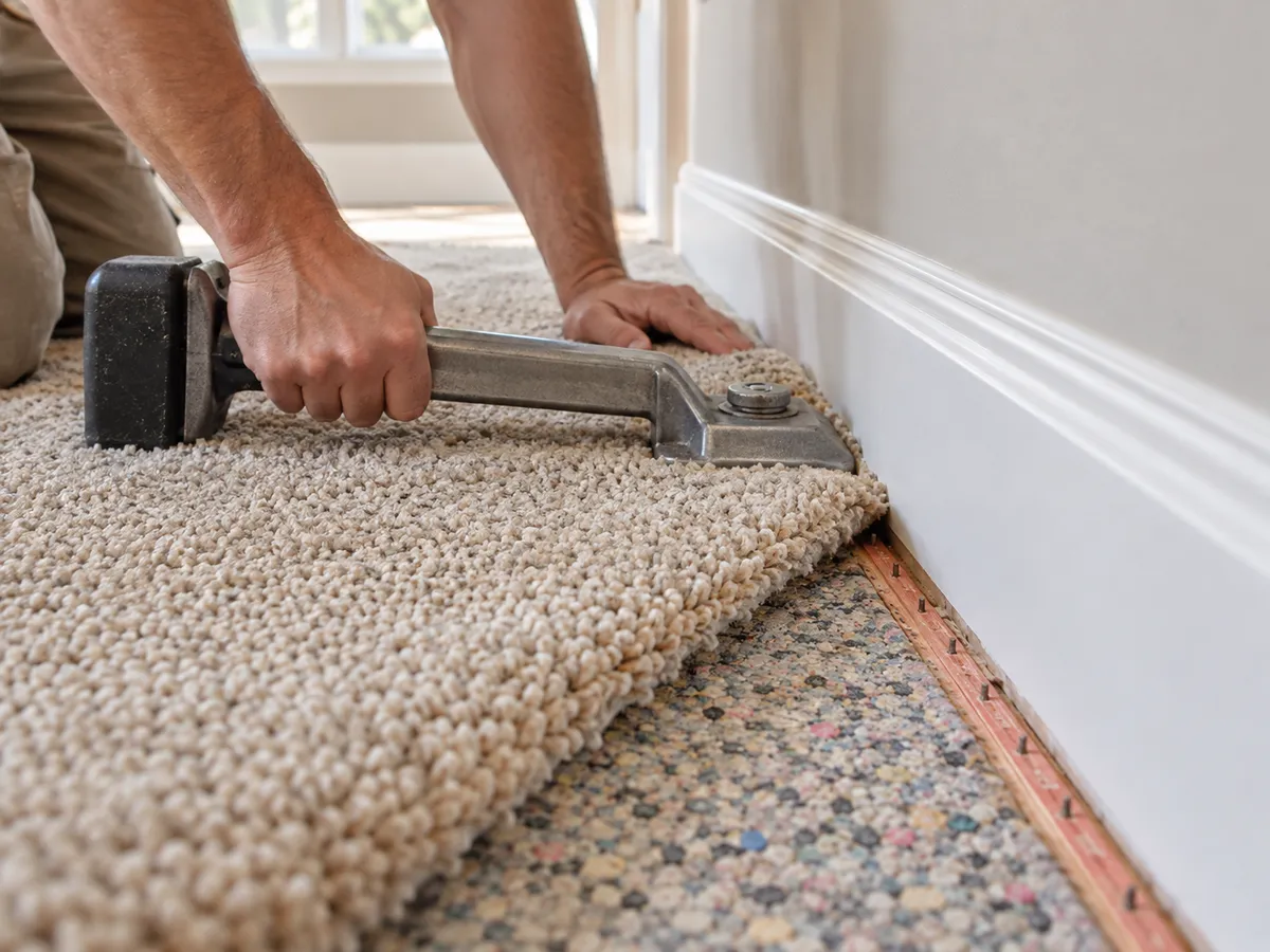 Carpet being stretched onto the tack strip along a wall