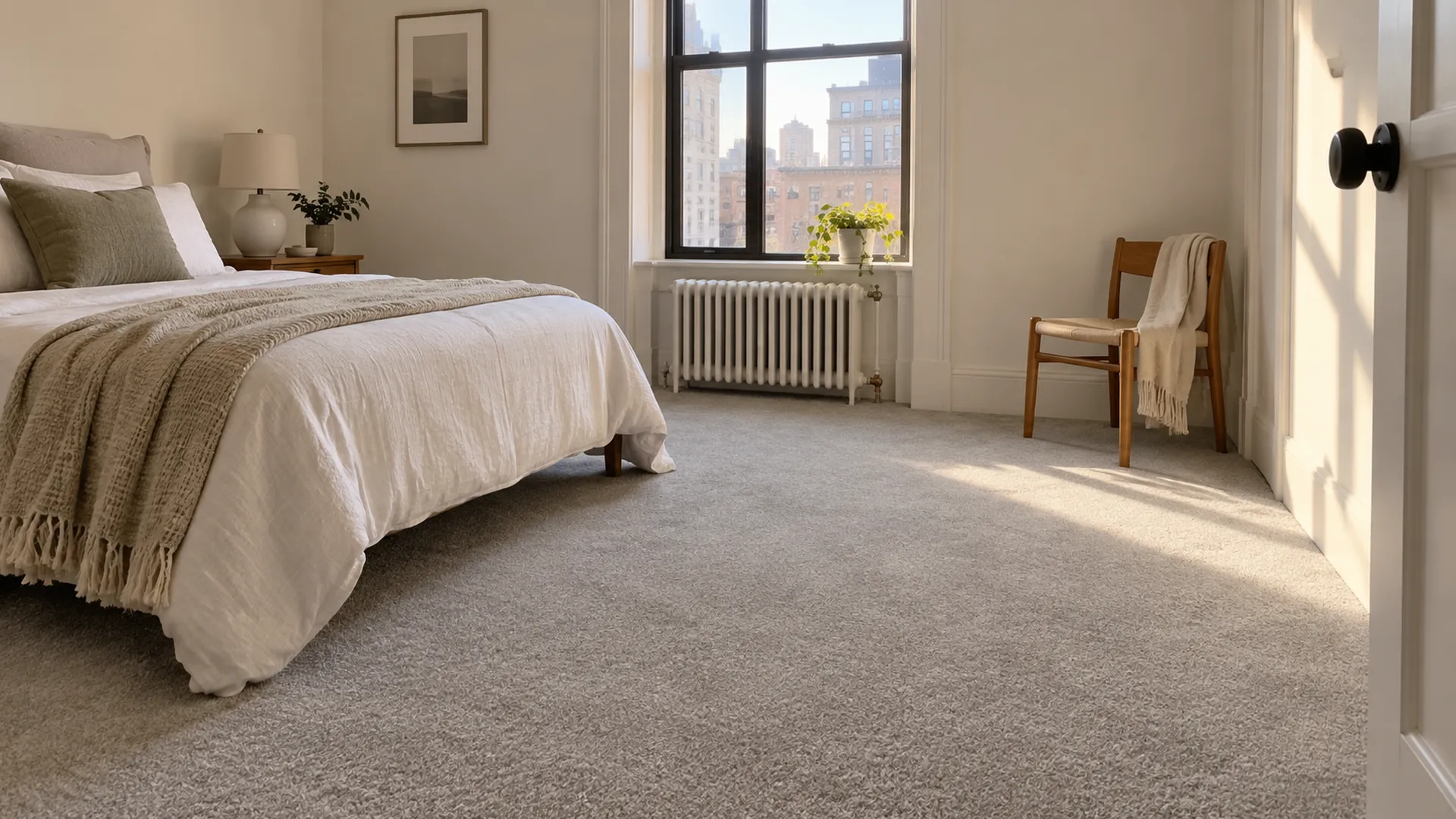 A bedroom with new wall-to-wall carpet in a soft warm gray