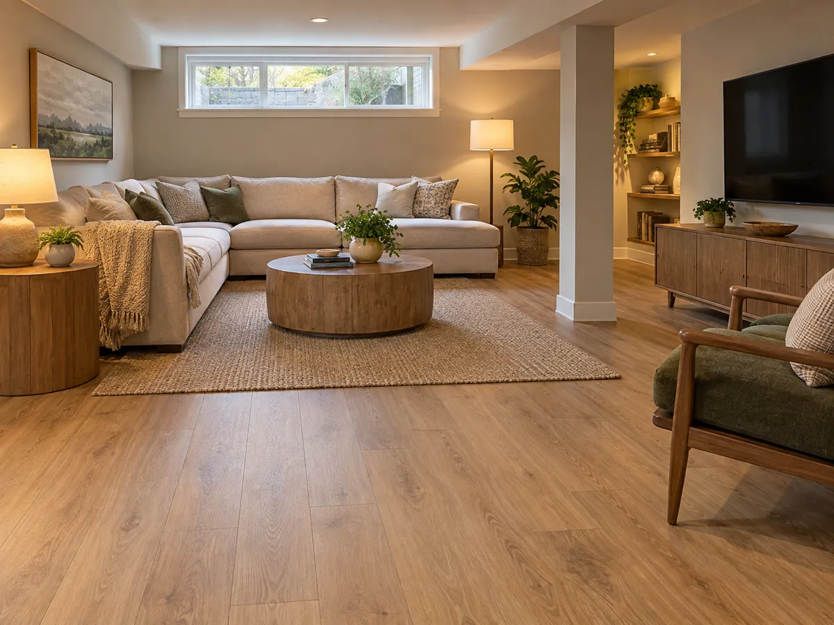 A finished basement family room in a New York house