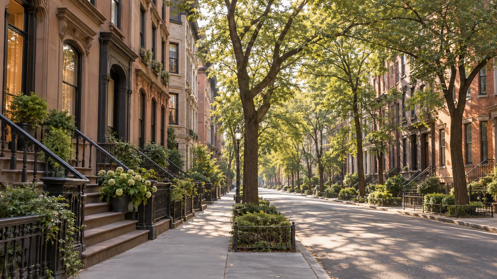 A tree-lined New York street of brownstones and pre-war apartment buildings