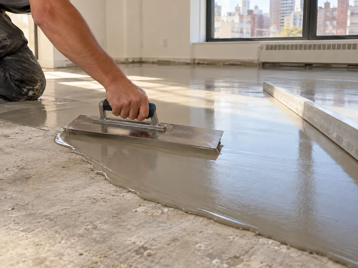 Leveling compound being spread across a concrete subfloor before a new floor goes down