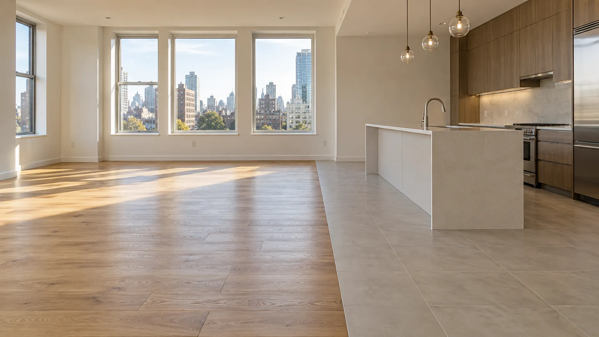 An open-plan apartment where a wood-look plank floor meets a tiled kitchen floor along a clean line