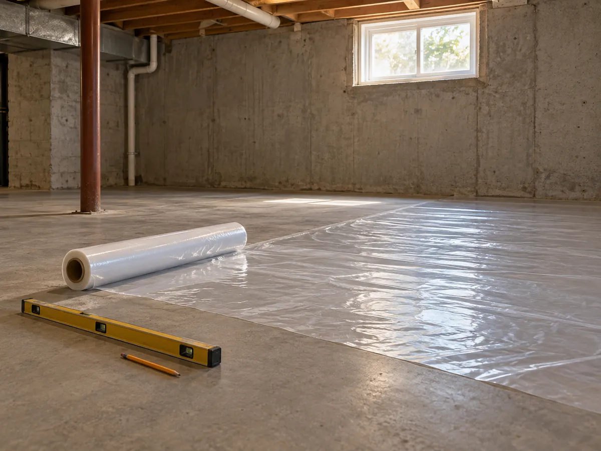 A basement concrete slab with a moisture barrier partly unrolled across it before a new floor