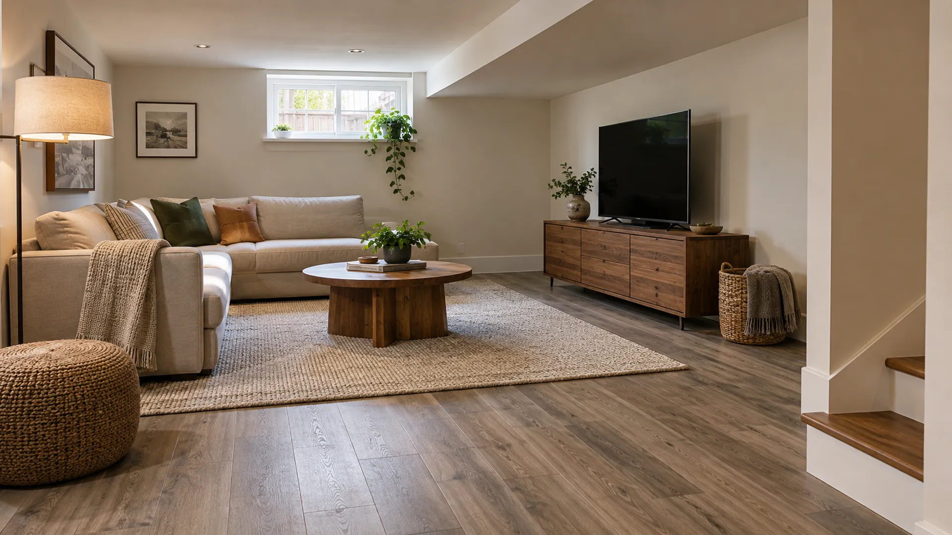 A finished basement family room with a vinyl plank floor and a small high window