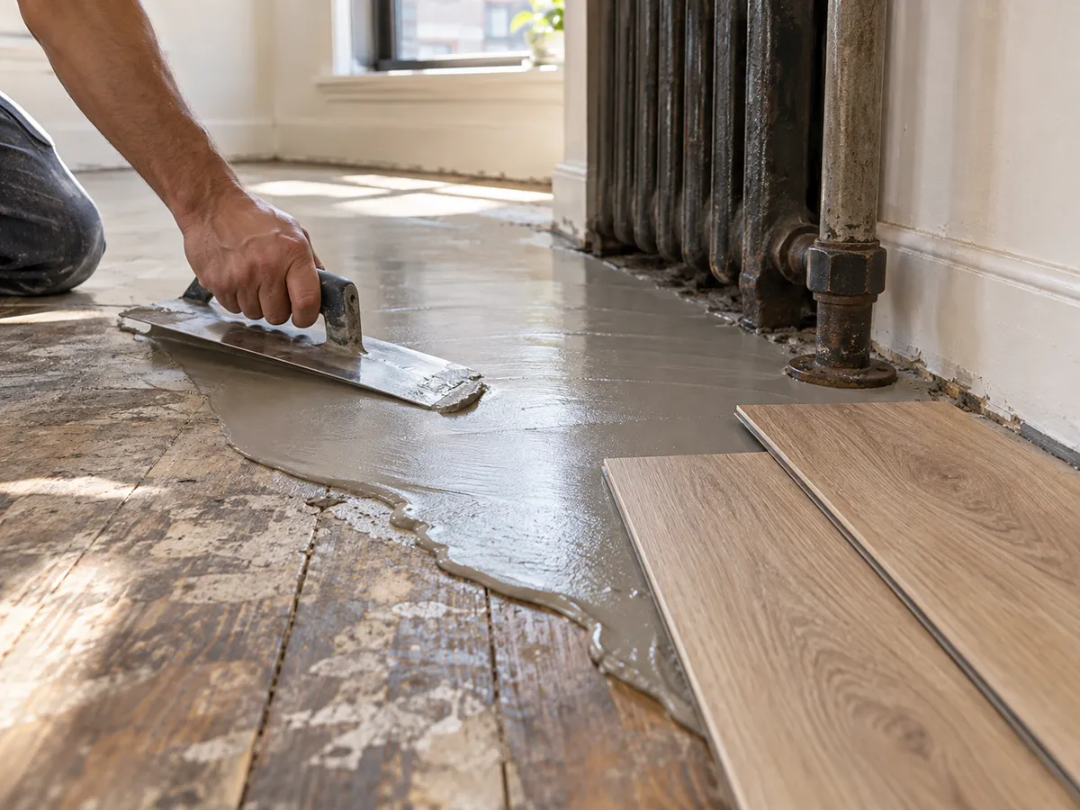 Leveling compound being spread on a wood subfloor next to a radiator pipe before vinyl plank goes down