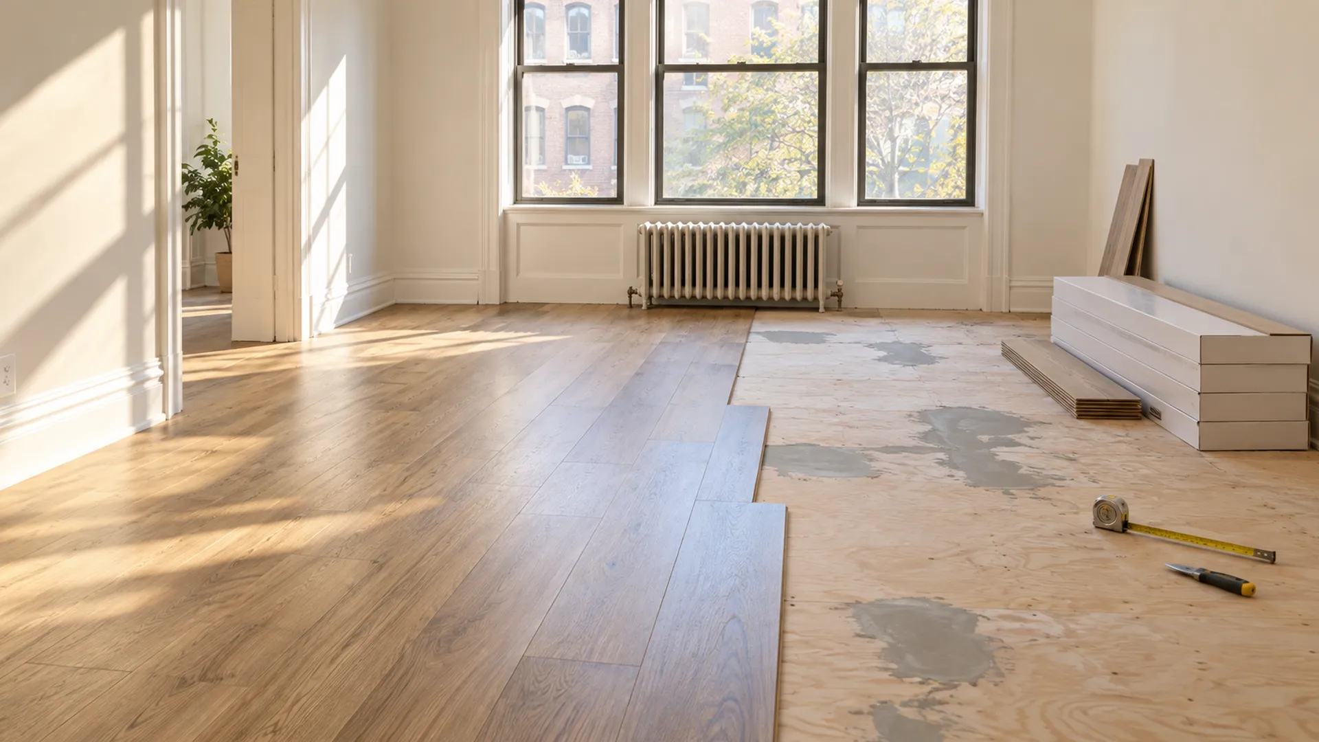A living room half way through a vinyl plank installation, with the leveled subfloor still showing