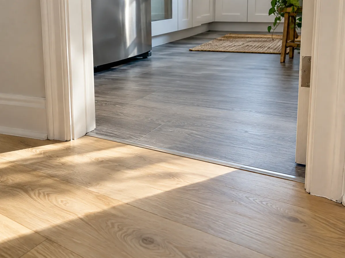 A vinyl plank kitchen floor meeting a laminate hallway floor at a low threshold