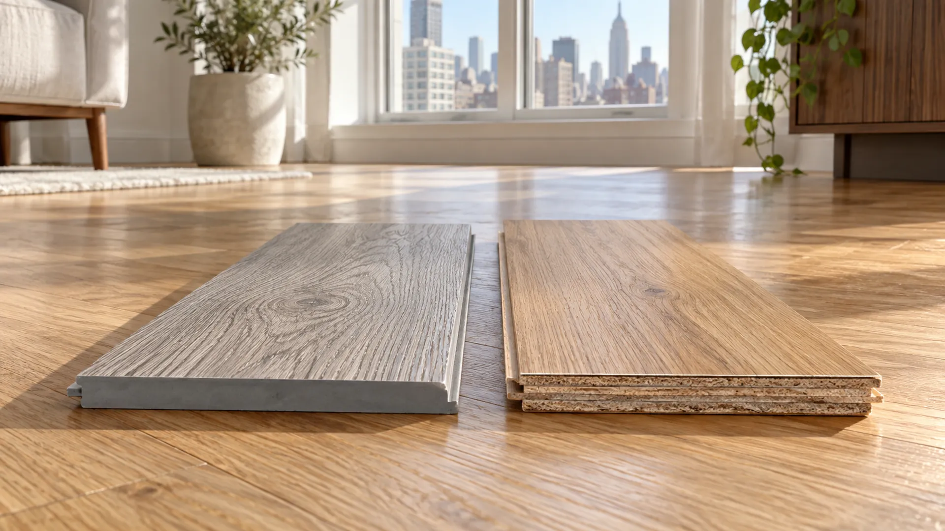 A vinyl plank and a laminate board side by side, with their different cores showing at the cut ends