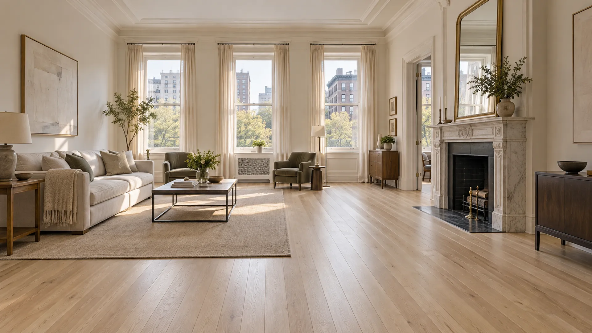 A pre-war living room with a new solid white-oak strip floor running toward tall windows