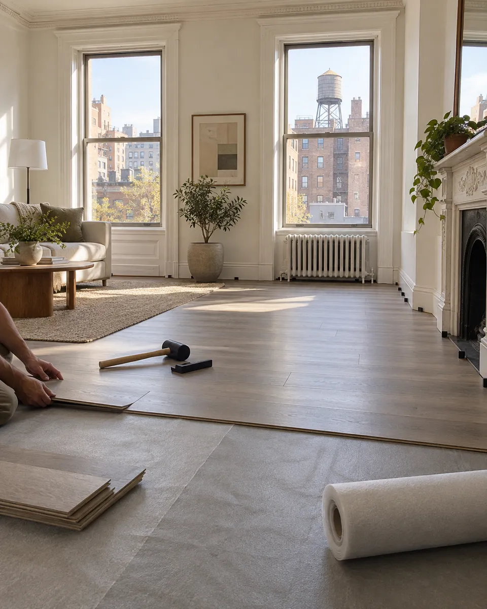 A New York living room part way through a new plank floor, with daylight from tall windows