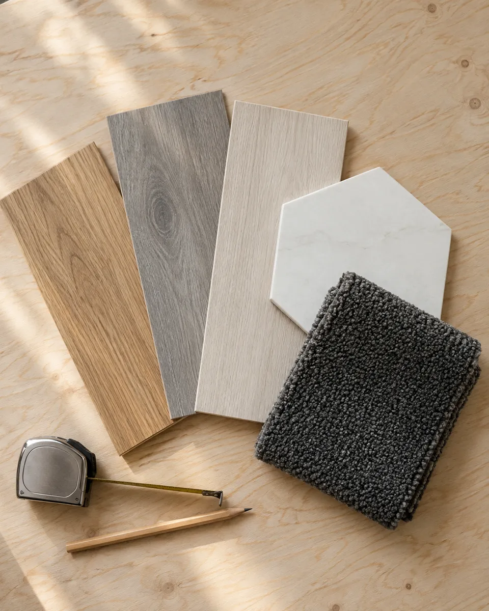 Samples of oak, vinyl plank, laminate, porcelain tile and carpet laid out side by side on a subfloor