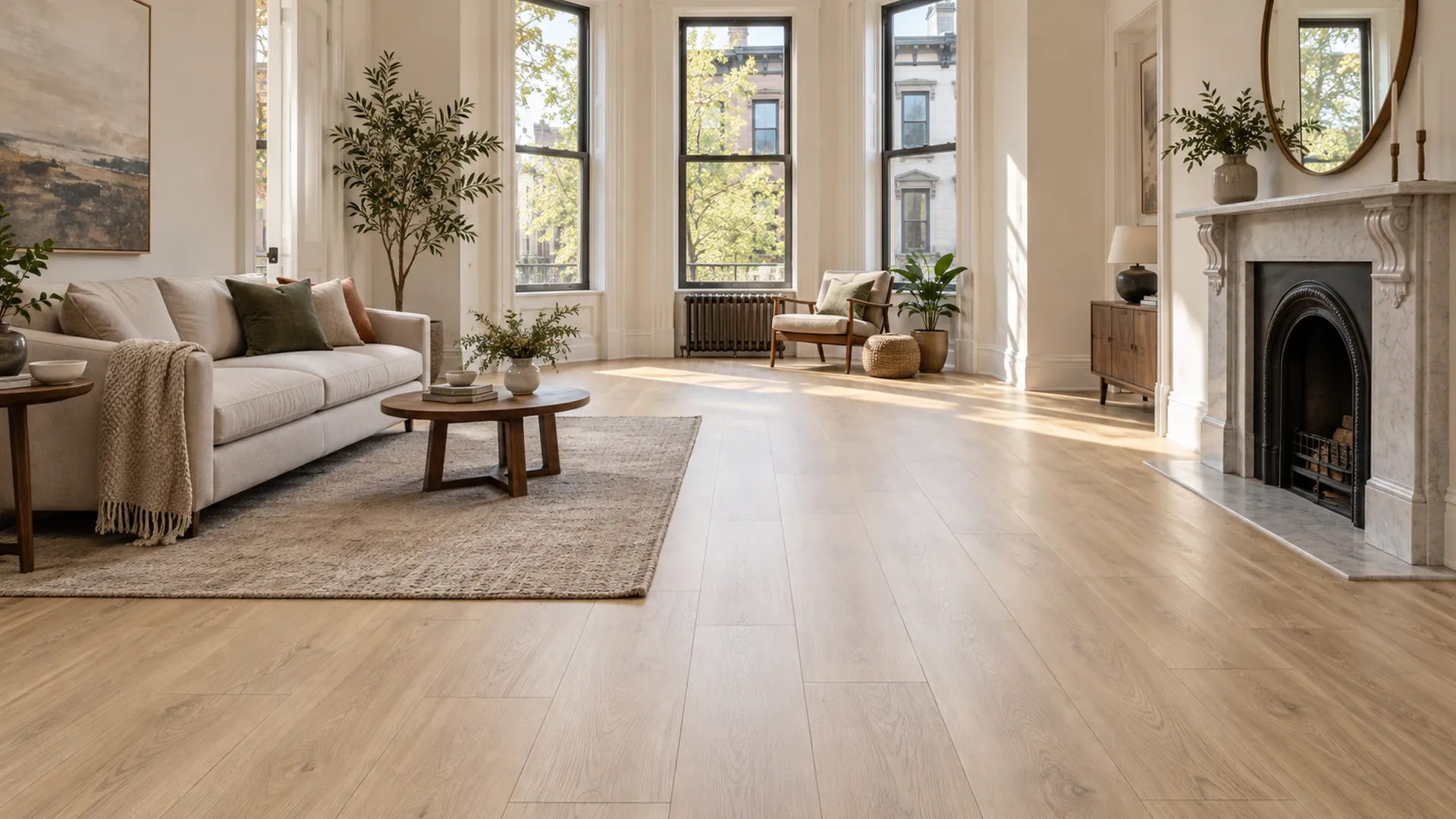 A living room with a pale oak laminate floor running toward bay windows