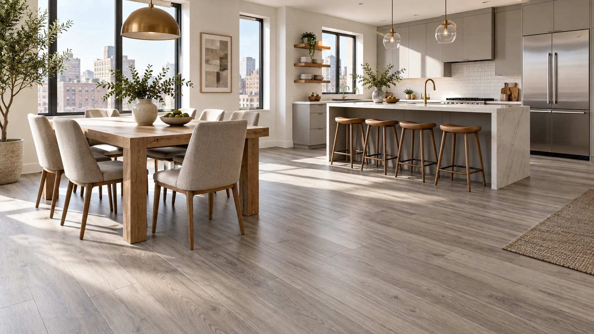 A kitchen and dining room with a gray-oak vinyl plank floor laid in long straight rows