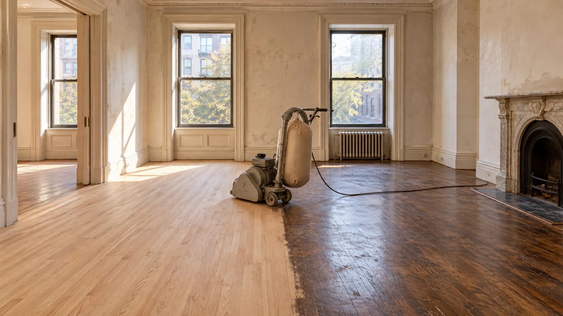 An oak floor part way through sanding, with fresh bare wood beside the worn finish