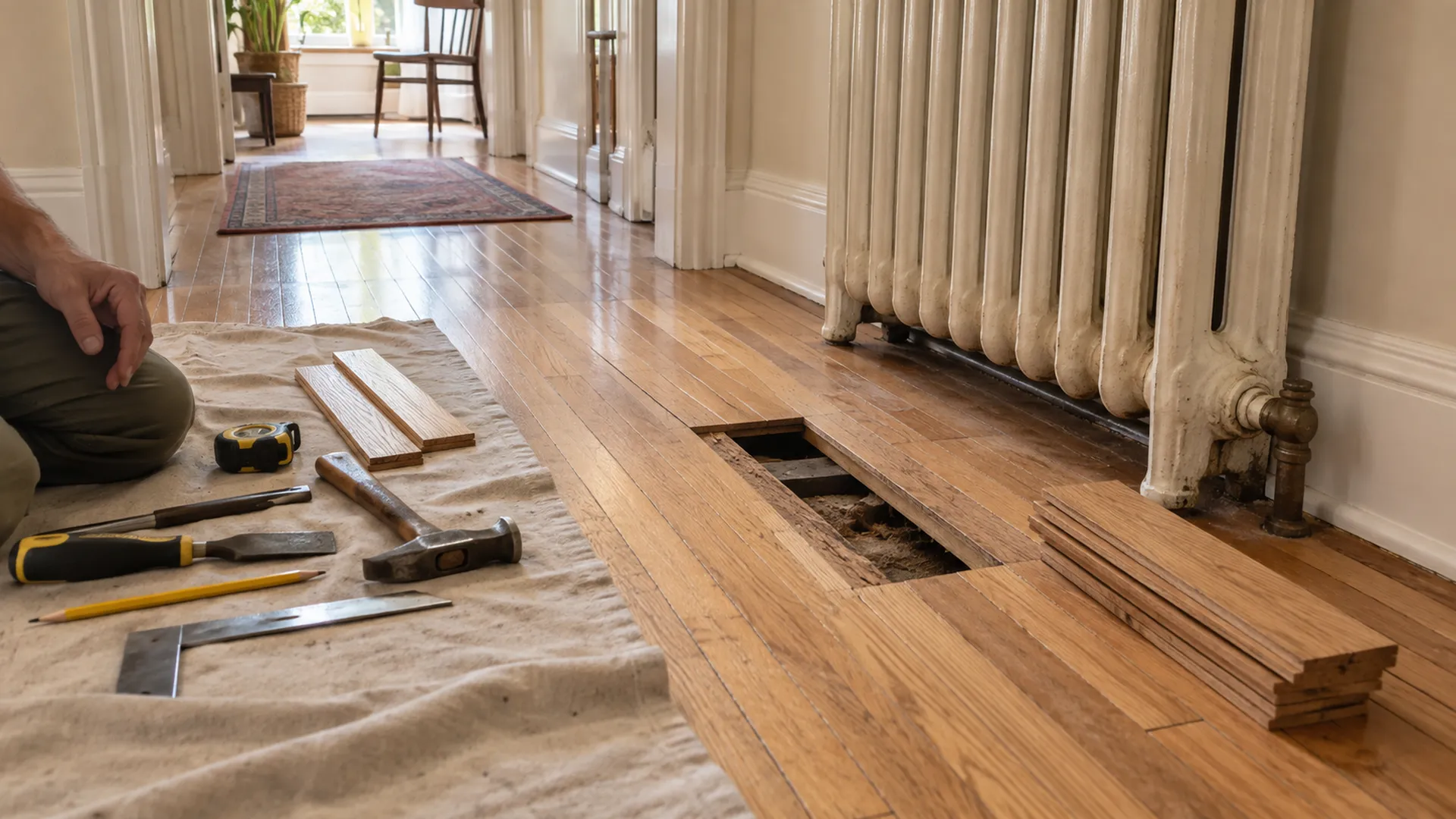 A section of damaged oak boards cut out near a radiator, with new boards ready beside it