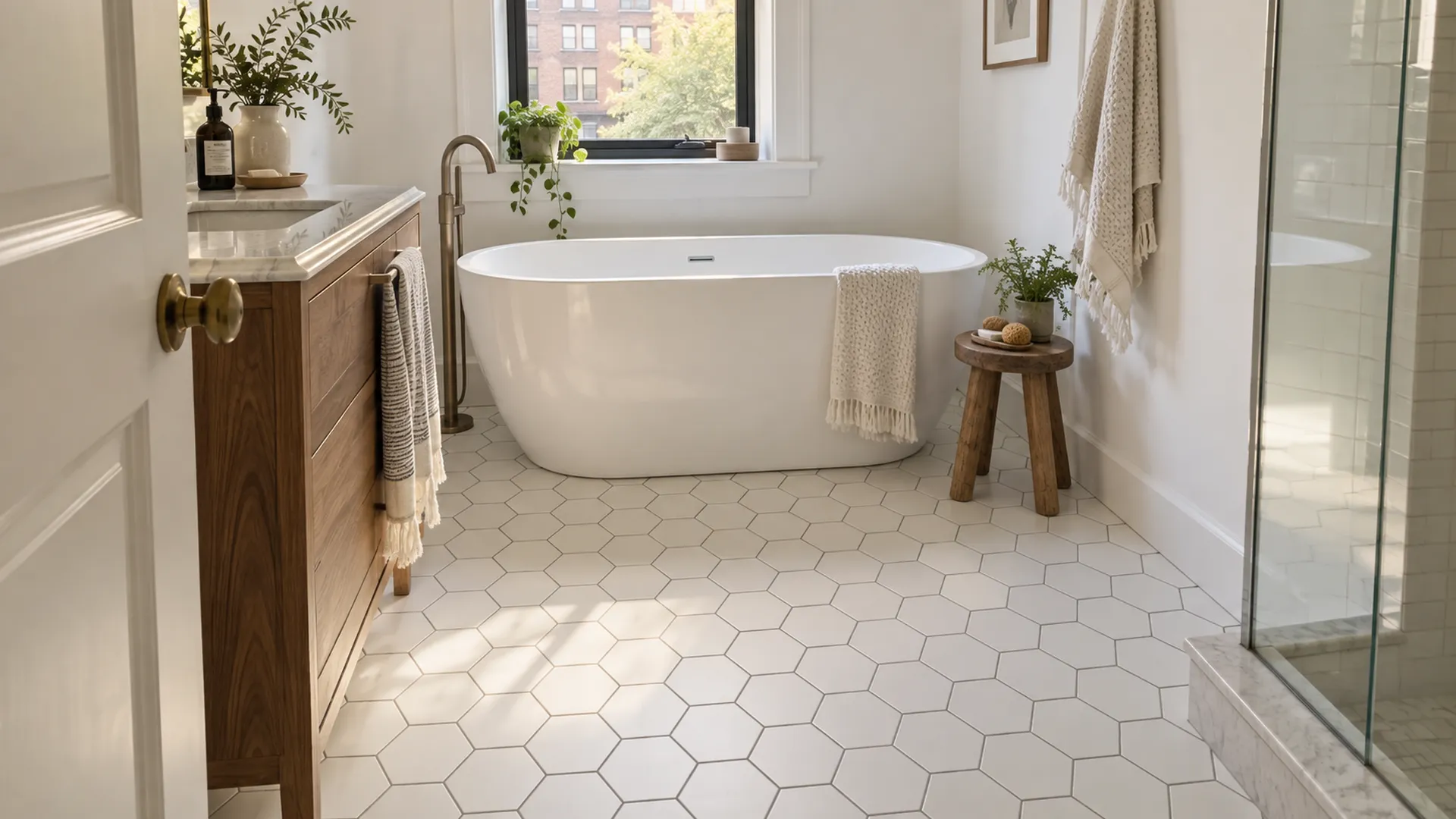 A bathroom floor of white hexagonal porcelain tile with thin gray grout lines